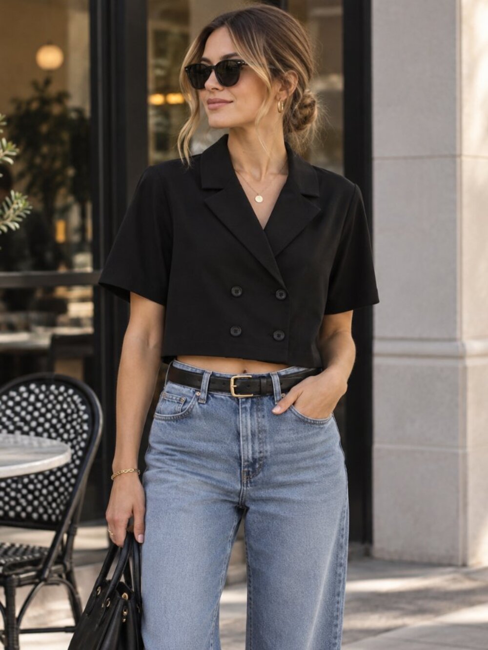 Oak + Fort Black Cropped Blouse | Double Breasted Short Sleeve | Medium